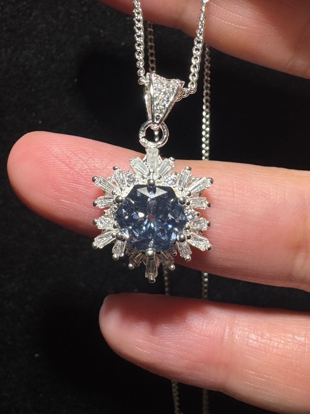 Sterling Silver Blue Center Stone Sunburst Pendant Necklace